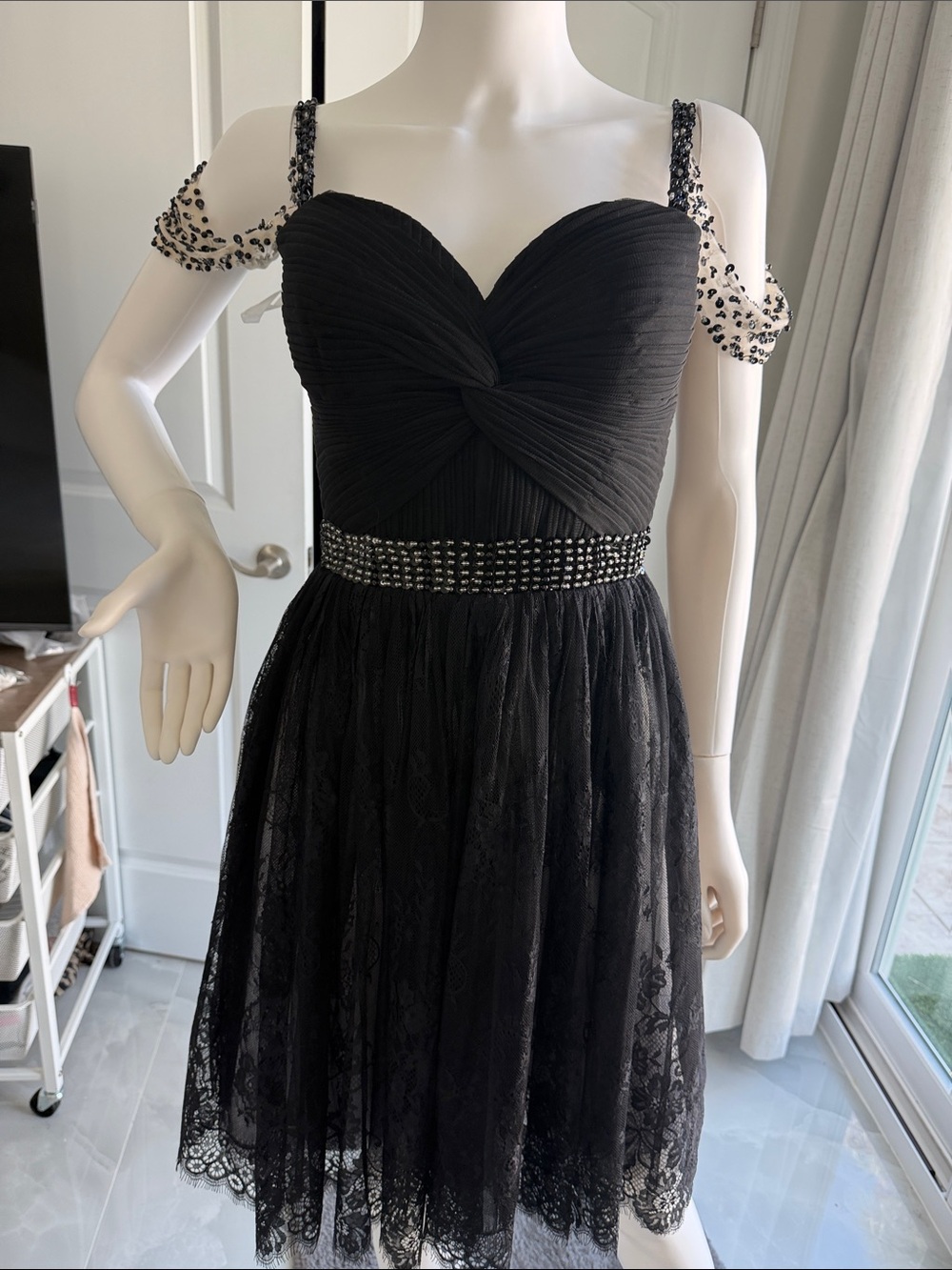 Olivia dress factory Elegant Black Lace Cocktail Dress with Beaded Straps